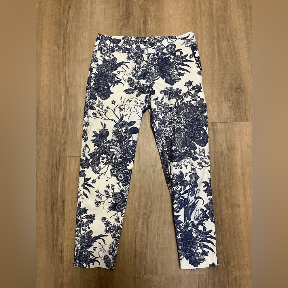 LOFT White and Navy Floral Trousers Petite